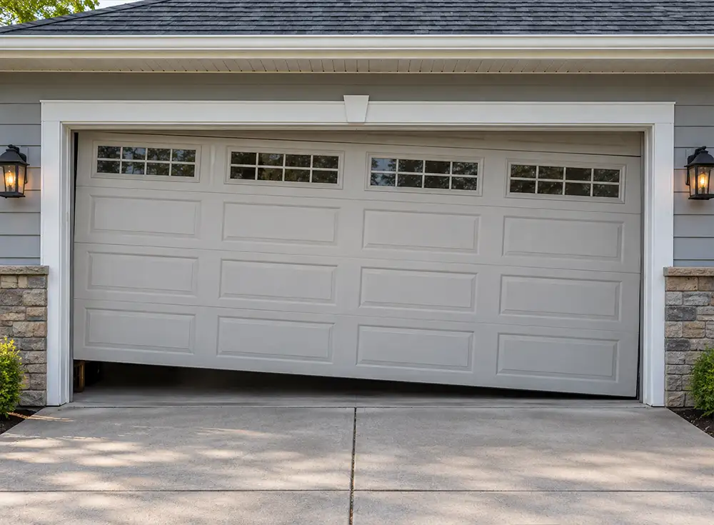 AI-generated image of a crooked garage needing emergency garage door repair in Springfield IL