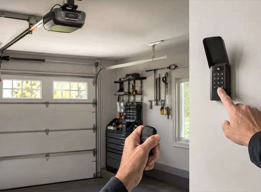 AI-generated image of someone programming a keypad and remote to a garage door system in Springfield IL